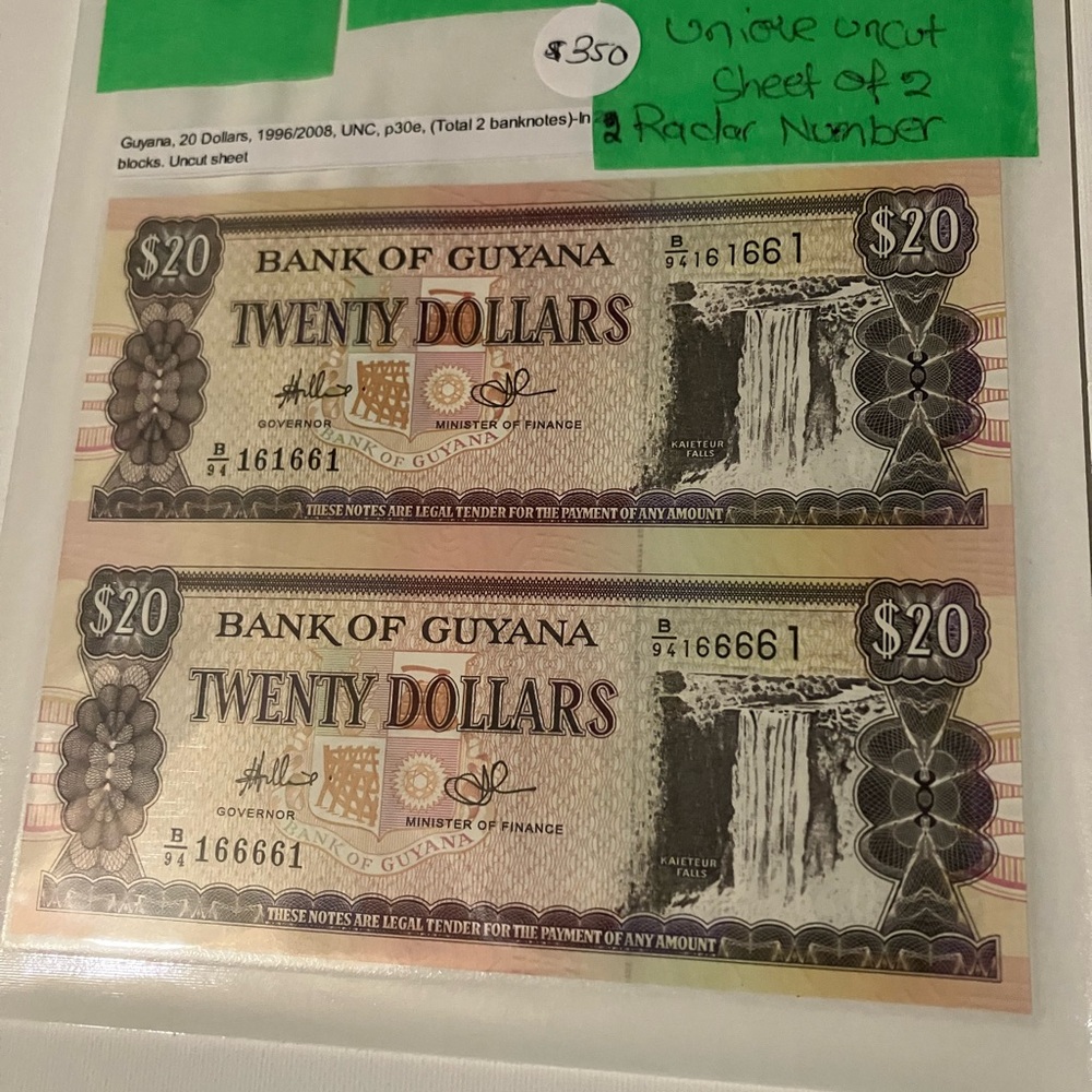 Bank of Guyana $20 Uncut Sheet With Rare 2 digit Radar GEM Collection